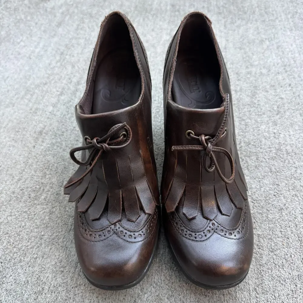 Born Brown Leather Kiltie Lace Up Pumps Womens 8.5 Block Heel Comfort Oxford